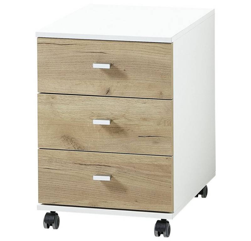 Lomadox Rollcontainer GENT-01, Büro in Navarra Eiche Nb. und weiß 40x57x49cm mit Touch-Funktion von Lomadox