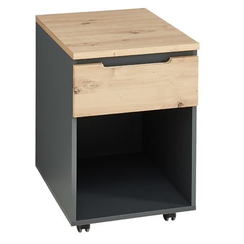 Lomadox Rollcontainer mit 1 Schublade, Graphit mit Eiche von Lomadox