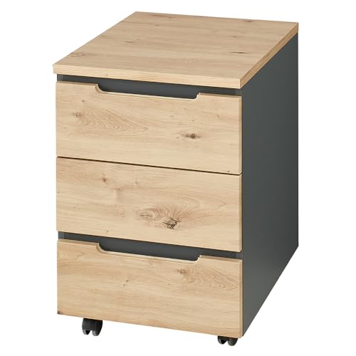 Lomadox Rollcontainer mit 3 Schubladen, Graphit mit Eiche von Lomadox
