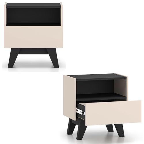 Lomadox Schlafzimmer 2er Set Nachtkommoden 50 cm breit in Kaschmir mit schwarz modern Schubladen und Fächer Möbelfüße grifflos Softclose von Lomadox