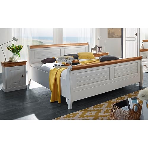 Lomadox Schlafzimmer Doppelbett Bettgestell 180x200 cm mit Nachtkonsolen SAVONA-69 in Kiefer massiv weiß mit Honig von Lomadox