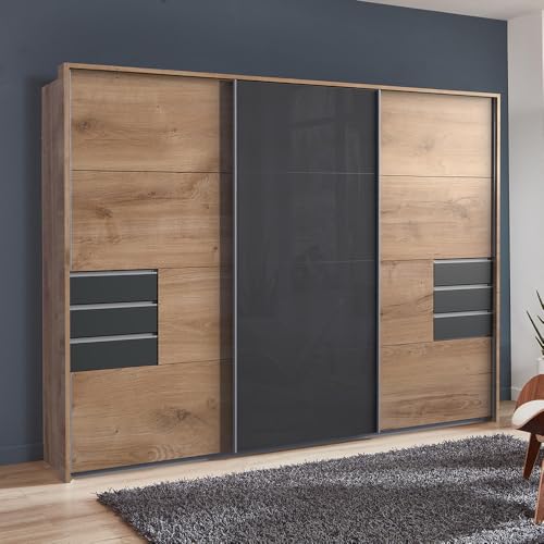 Lomadox Schlafzimmer Kleiderschrank Schwebetürenschrank 3-türig 270cm, inkl. Passepartoutrahmen, Eiche und Graphit mit grauem Glas von Lomadox