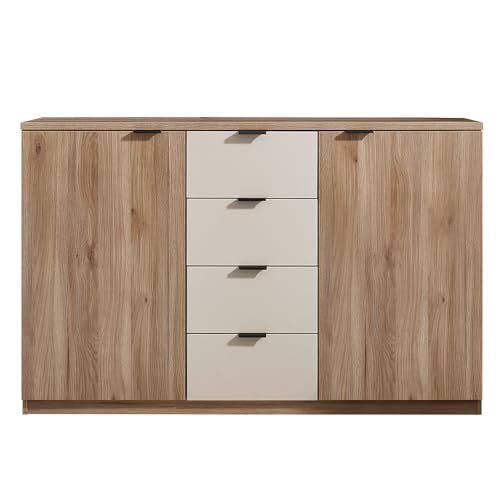 Lomadox Schlafzimmer-Kommode 140 cm Breite in Eiche mit Kaschmir, 4 Schubladen & 2 Türen Softclose-Funktion Schubladenkommode Kommodenschrank von Lomadox