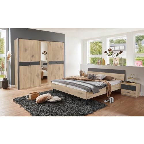 Lomadox Schlafzimmer Komplett Set 4-teilig, Bett 180x200 cm, 1 Kleiderschrank, 2 Nachttische in Eiche mit Graphit von Lomadox