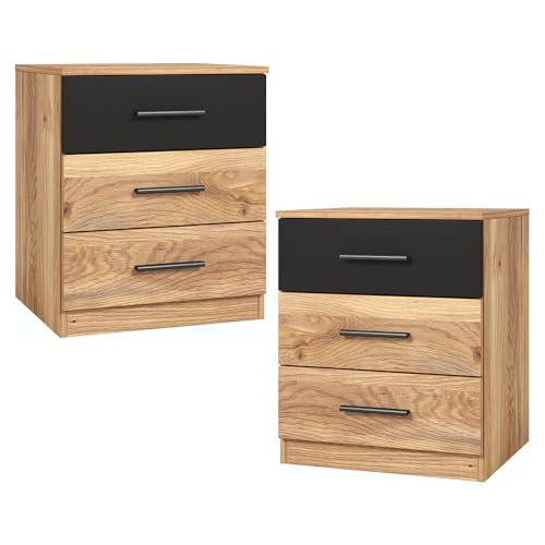 Lomadox Schlafzimmer Nachtschrank Nachttisch 2er Set mit je 46 cm Breite in Eiche mit schwarz, mit 3 Schubladen Lomadox Schlafzimmer Nachtschrank Nachttisch 2er Set mit je 46 cm Breite in Eiche mit schwarz, mit 3 Schubladen von Lomadox