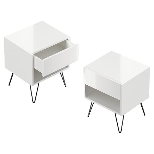 Lomadox Schlafzimmer Nachttisch Nachtschrank 2er Set mit je 41 cm Breite in weiß Hochglanz, mit 1 Schublade und 1 offenes Fach, Softclose & Push-to-Open, modern, grifflos von Lomadox