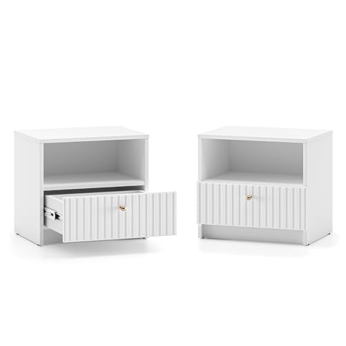 Lomadox Schlafzimmer Nachttisch Nachtschrank 2er Set mit je 43 cm Breite in weiß mit gerillter Front, goldenen Knöpfen und 1 Schublade von Lomadox