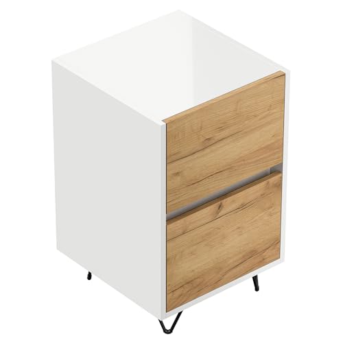 Lomadox Schlafzimmer Nachttisch Nachtschrank mit 41 cm Breite in weiß Hochglanz mit Eiche, mit 2 Schubladen, Softclose & Push-to-Open, modern, grifflos von Lomadox