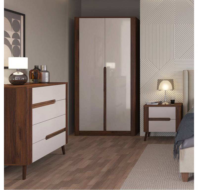 Lomadox Schlafzimmer-Set ALPINE-129, (Spar-Set, 3-tlg., Bettanlage Nachtschränke Kleiderschrank Kommode), grifflos, modernes Design, Walnuss braun mit Beige Hochglanz von Lomadox