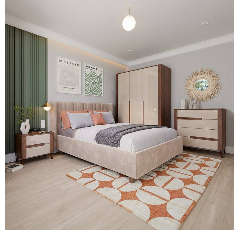 Lomadox Schlafzimmer-Set ALPINE-129, (Spar-Set, 4-tlg., Bettanlage Nachtschrank Kommode Kleiderschrank), Liegefläche 140x200cm, griffloses Design, Walnuss braun mit beige von Lomadox