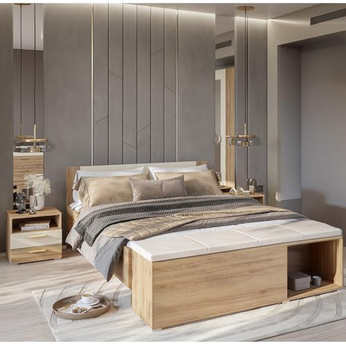 Lomadox Schlafzimmer Set Bettgestell 160x200 cm Lattenrost klappbar Nachtkommoden 2er Set Sitztruhe Eiche beige von Lomadox