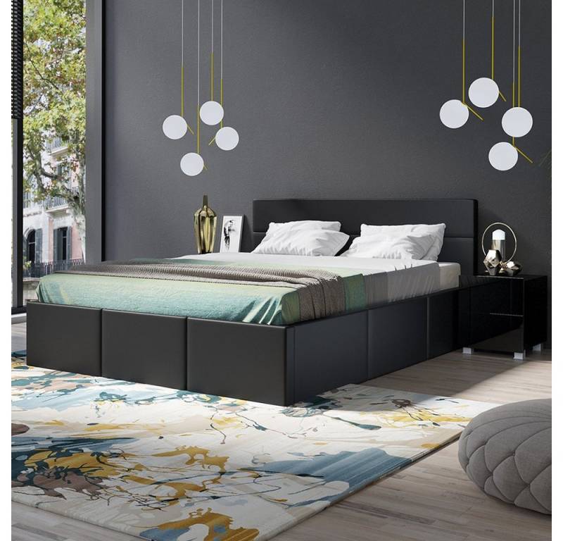 Lomadox Schlafzimmer-Set CAIRNS-132, (Spar-Set, 3-tlg), in schwarz Hochglanz mit Polsterbett in schwarz (Kunstleder), Modern von Lomadox