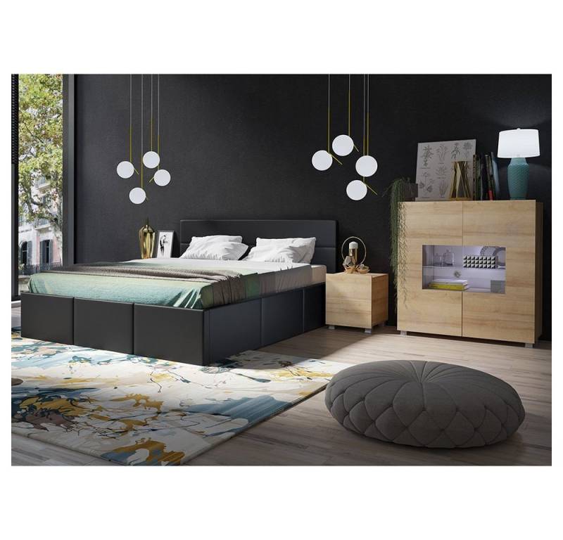 Lomadox Schlafzimmer-Set CAIRNS-132, (Spar-Set, 4-St), in Eiche Nb. mit Polsterbett in schwarz (Kunstleder), Modern von Lomadox