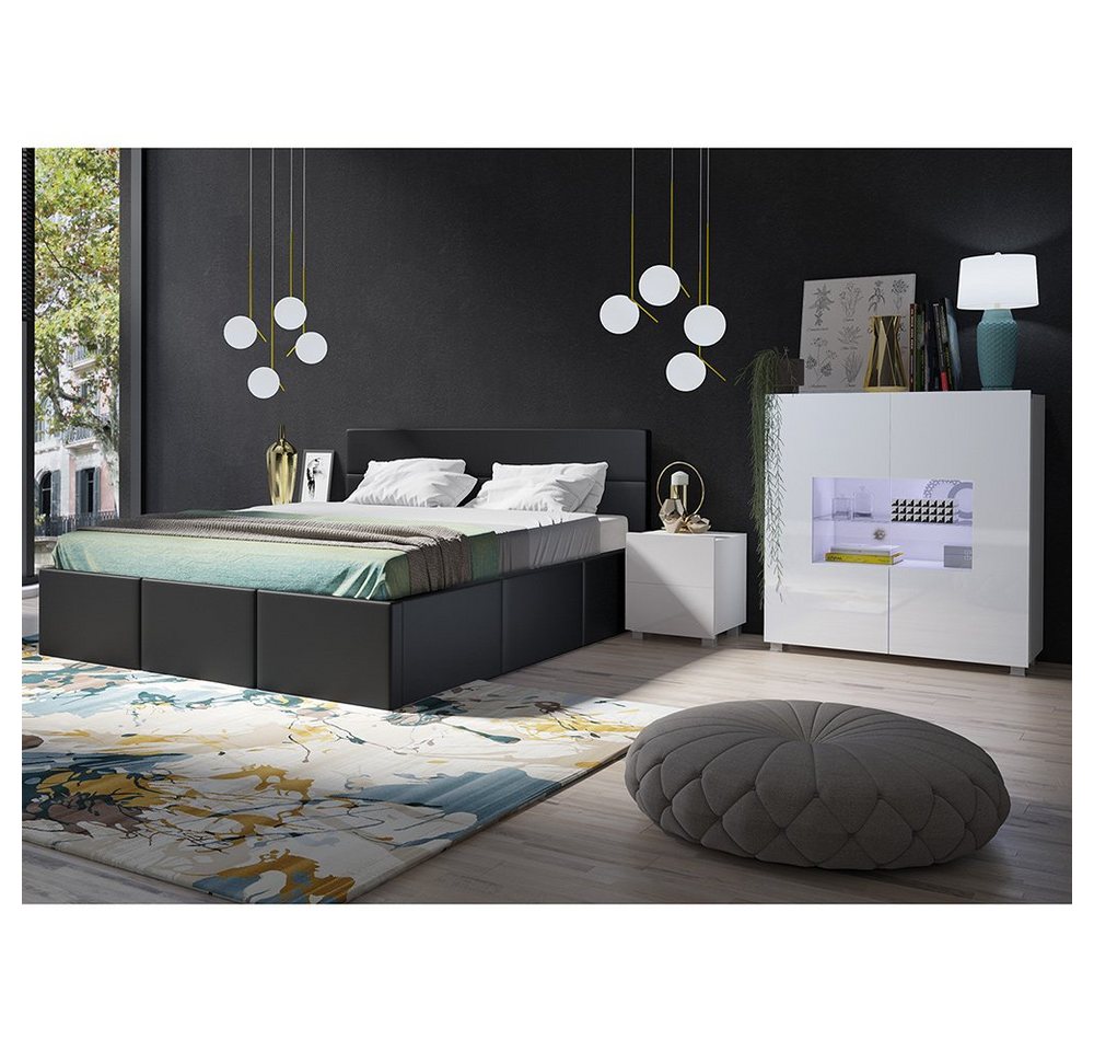 Lomadox Schlafzimmer-Set CAIRNS-132, (Spar-Set, 4-St), in weiß Hochglanz mit Polsterbett in schwarz (Kunstleder), Modern von Lomadox