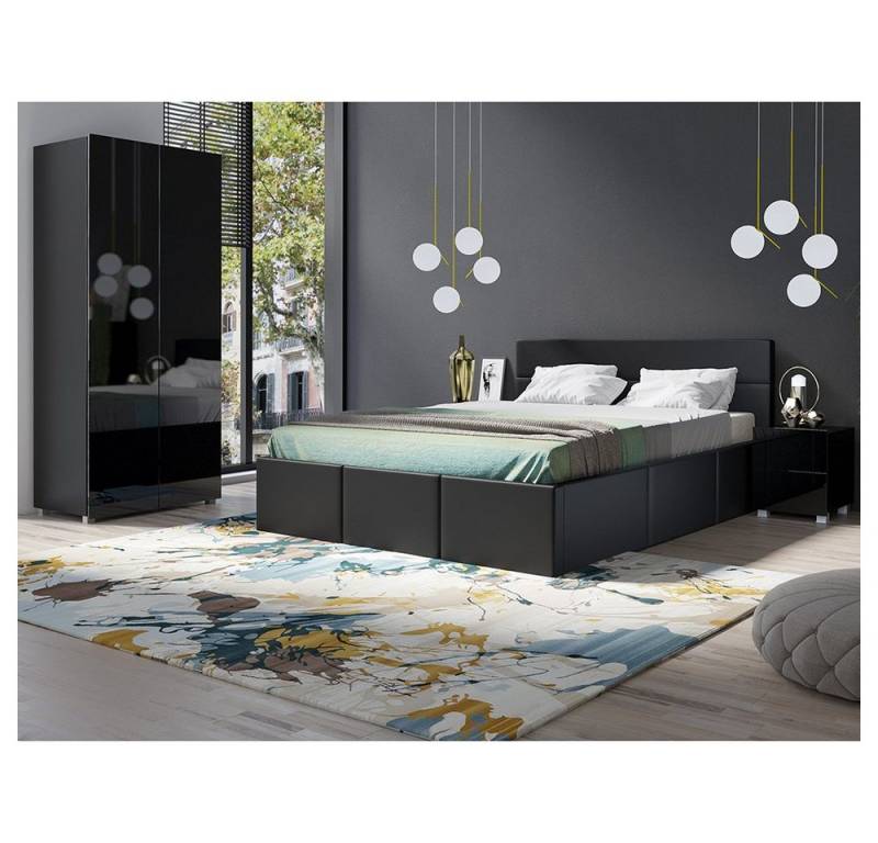 Lomadox Schlafzimmer-Set CAIRNS-132, (Spar-Set, 4-St), in schwarz Hochglanz mit Polsterbett in schwarz (Kunstleder), Modern von Lomadox