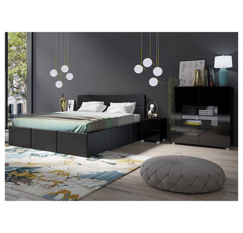 Lomadox Schlafzimmer-Set CAIRNS-132, (Spar-Set, 4-tlg), in schwarz Hochglanz mit Polsterbett in schwarz (Kunstleder), Modern von Lomadox