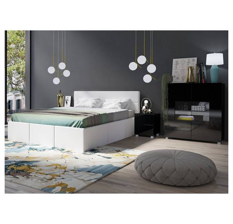 Lomadox Schlafzimmer-Set CAIRNS-132, (Spar-Set, 4-tlg), in schwarz Hochglanz mit Polsterbett in weiß (Kunstleder), Modern von Lomadox