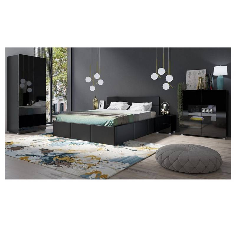 Lomadox Schlafzimmer-Set CAIRNS-132, (Spar-Set, 5-St), in schwarz Hochglanz mit Polsterbett in schwarz (Kunstleder), Modern von Lomadox