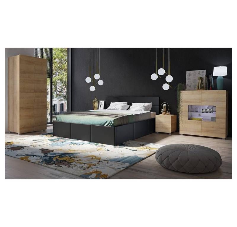 Lomadox Schlafzimmer-Set CAIRNS-132, (Spar-Set, 5-St), in Eiche Nb. mit Polsterbett in schwarz (Kunstleder), Modern von Lomadox