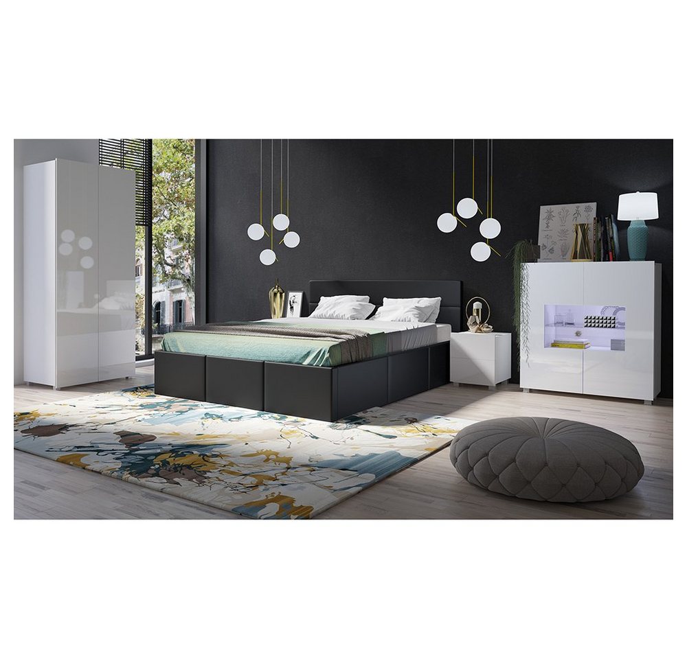 Lomadox Schlafzimmer-Set CAIRNS-132, (Spar-Set, 5-St), in weiß Hochglanz mit Polsterbett in schwarz (Kunstleder), Modern von Lomadox