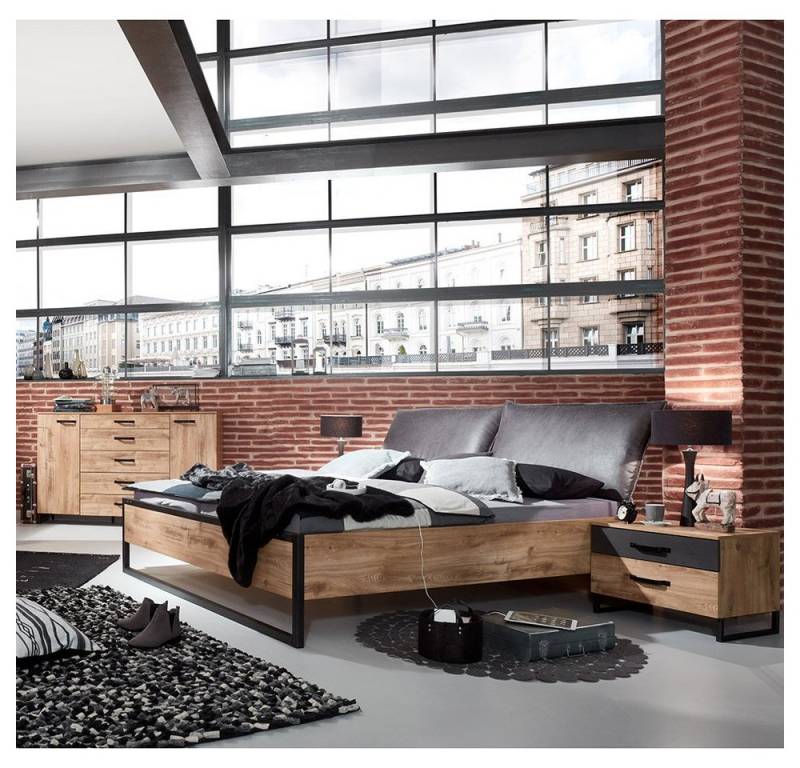 Lomadox Schlafzimmer-Set DAVENPORT-43, (Spar-Set, 4-tlg), mit Bett 160x200cm, Eiche mit Stahl Nb., Polsterkopfteil von Lomadox