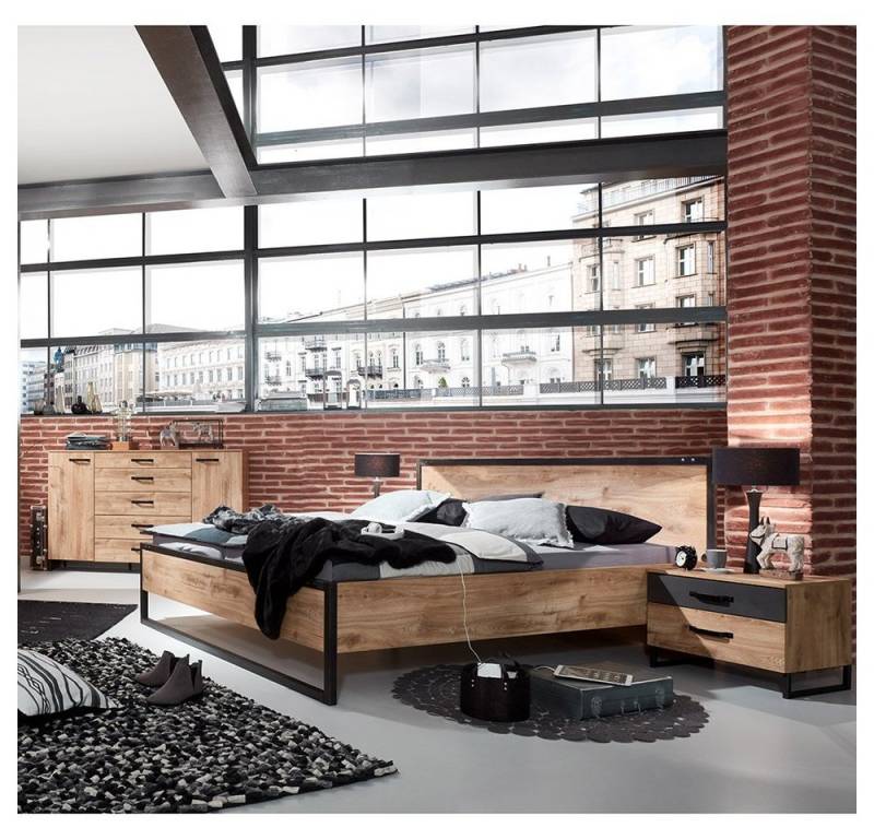Lomadox Schlafzimmer-Set DAVENPORT-43, (Spar-Set, 4-tlg), mit Bett 160x200cm, Eiche mit Stahl Nb. von Lomadox