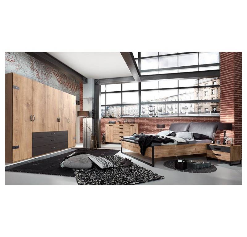 Lomadox Schlafzimmer-Set DAVENPORT-43, (Spar-Set, 5-tlg), mit Bett 160x200cm, Drehtürenschrank 250cm, Eiche mit Stahl Nb. von Lomadox