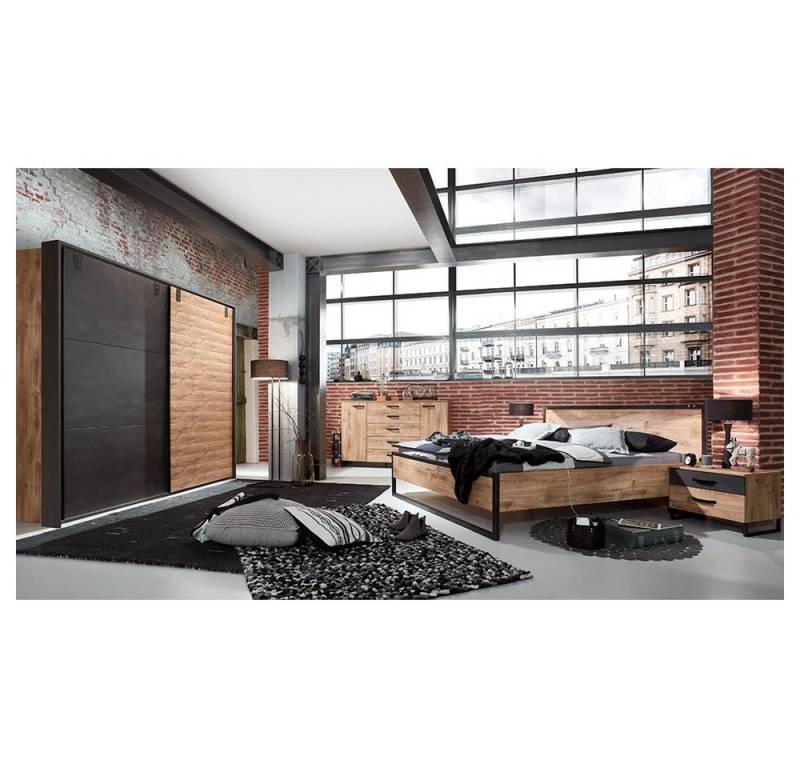 Lomadox Schlafzimmer-Set DAVENPORT-43, (Spar-Set, 5-tlg), mit Bett 160x200cm, Schwebetürenschrank 300cm, Eiche mit Stahl Nb. von Lomadox