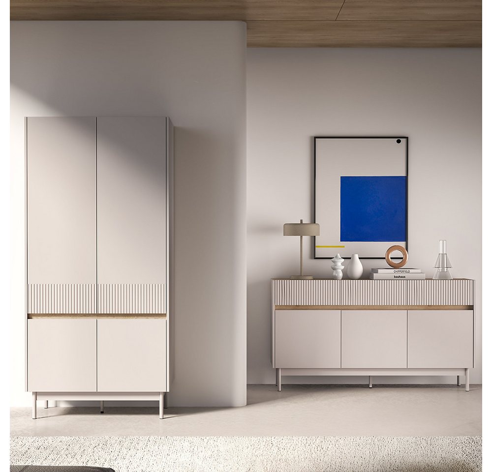 Lomadox Schlafzimmer-Set DINAR-131, (Spar-Set, 2-tlg., Vitrinenschrank Couchtisch Lowboard Sideboard), kaschmir matt Eiche-Dekor modern Metallfüße grifflos Rillen von Lomadox