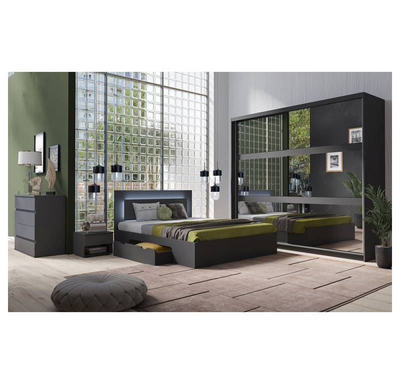 Lomadox Schlafzimmer-Set FAIDO-166, (Spar-Set, 5-tlg., Kommode Nachttische Bett Schwebetürenschrank), graphit, Kopfteil mit LED-Beleuchtung, Liegefläche 180x200cm von Lomadox
