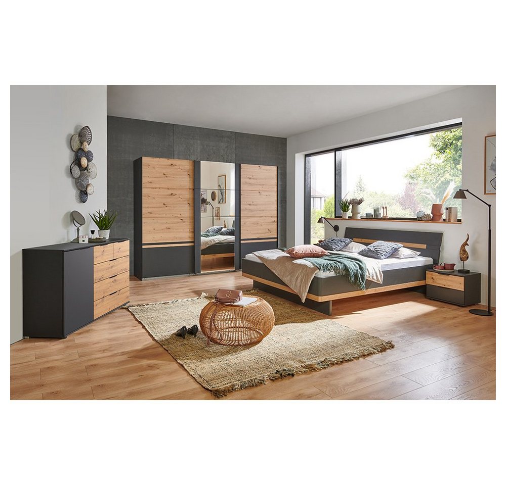 Lomadox Schlafzimmer-Set GRANADA-43, (Spar-Set, 5-St), in graphit, 180cm Bett, Schwebetürenschrank, 2 Nachttische, Kommode von Lomadox