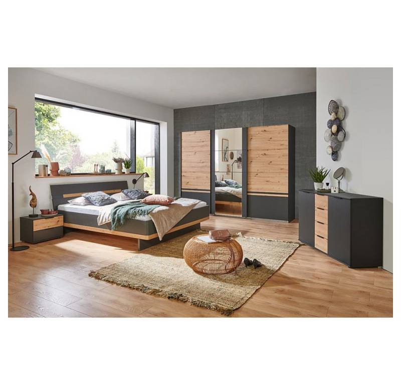 Lomadox Schlafzimmer-Set GRANADA-43, (Spar-Set, 5-tlg), in graphit, 180cm Bett, Schwebetürenschrank, 2 Nachttische, Kommode von Lomadox