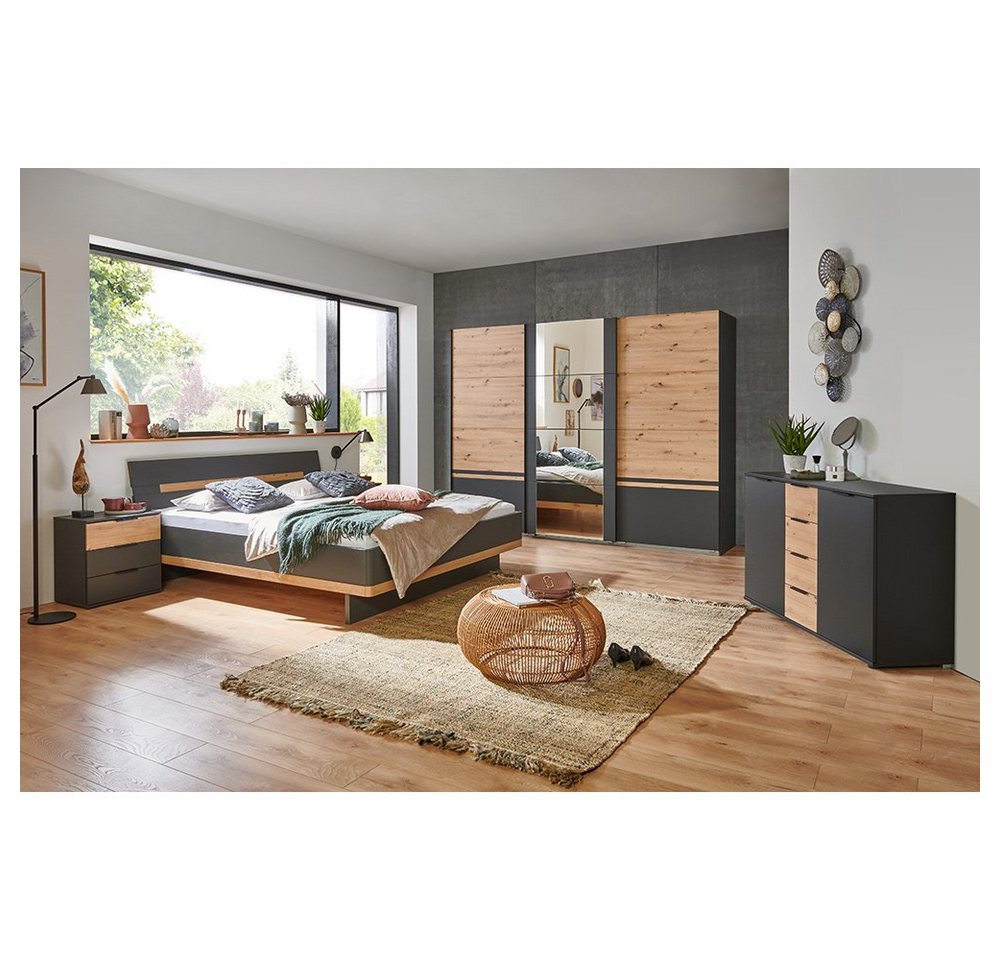 Lomadox Schlafzimmer-Set GRANADA-43, (Spar-Set, 5-St), in graphit, 180cm Bett, Schwebetürenschrank, 2 Nachttische, Kommode von Lomadox