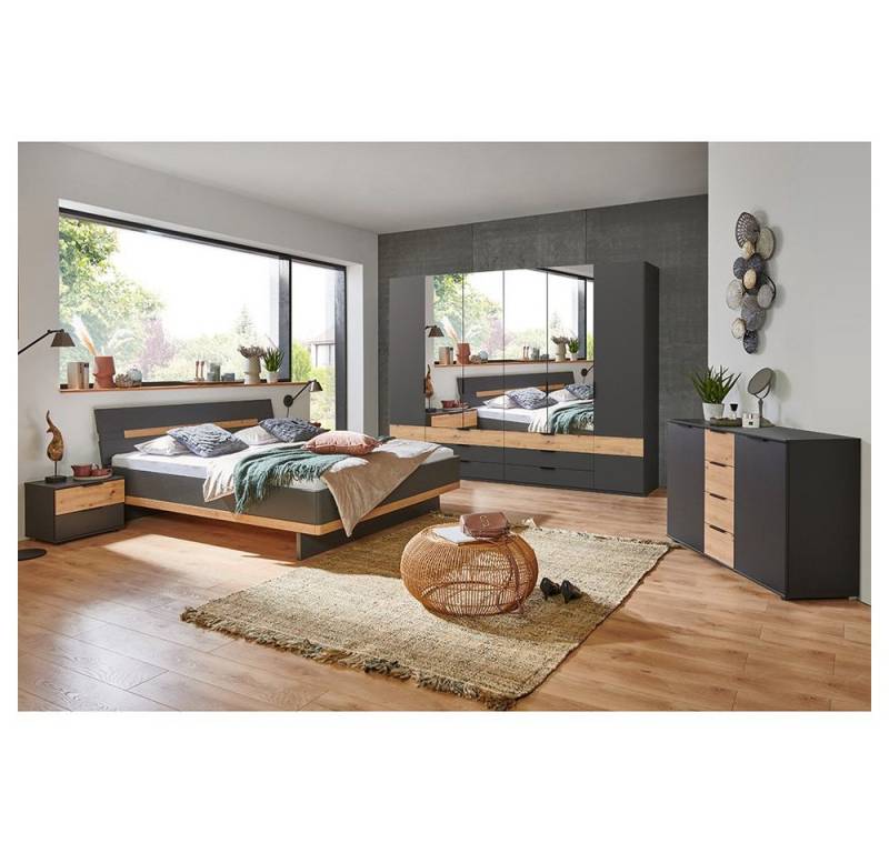 Lomadox Schlafzimmer-Set GRANADA-43, (Spar-Set, 5-tlg), in graphit, 180cm Bett, 6-trg. Kleiderschrank, 2 Nachttische, Kommode von Lomadox