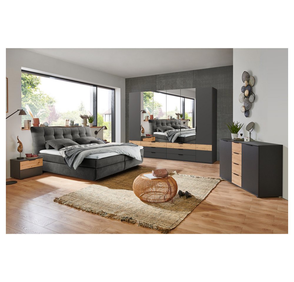 Lomadox Schlafzimmer-Set GRANADA-43, (Spar-Set, 5-St), grau, Boxspringbett 180x200 cm, Kommode, Kleiderschrank, Nachttische von Lomadox