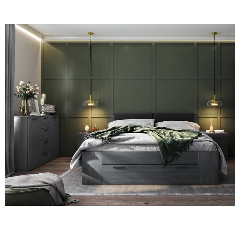 Lomadox Schlafzimmer-Set GRAZ-83, (Spar-Set, 4-tlg., Kommode Nachttische Bettgestell), 180x200cm Liegefläche, Polsterkopfteil, Eiche Carbon von Lomadox