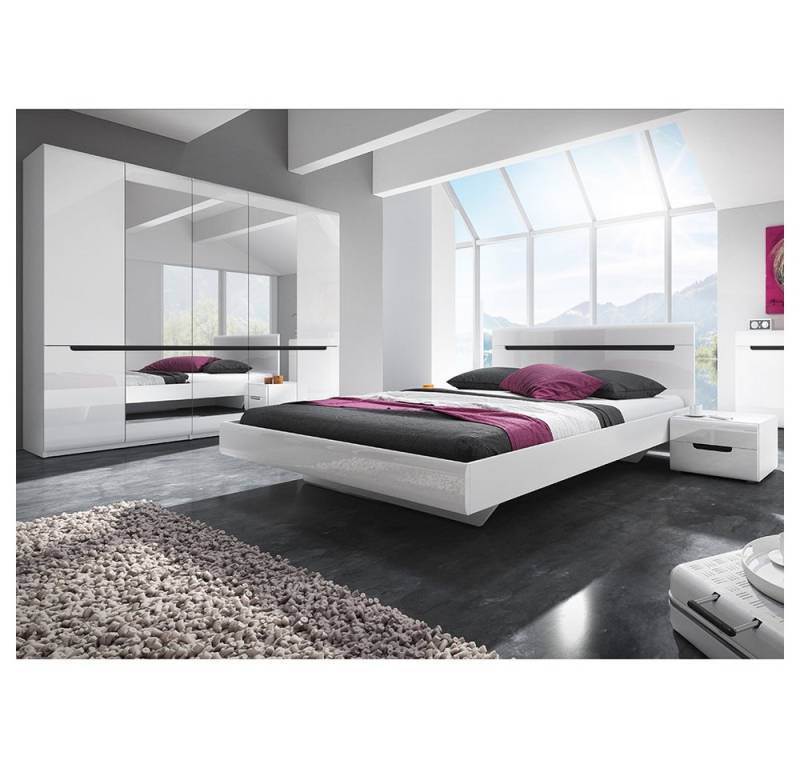 Lomadox Schlafzimmer-Set HERNING-83, (Spar-Set, 4-tlg), mit 160cm Bett in weiß mit weiß Hochglanz und schwarz von Lomadox