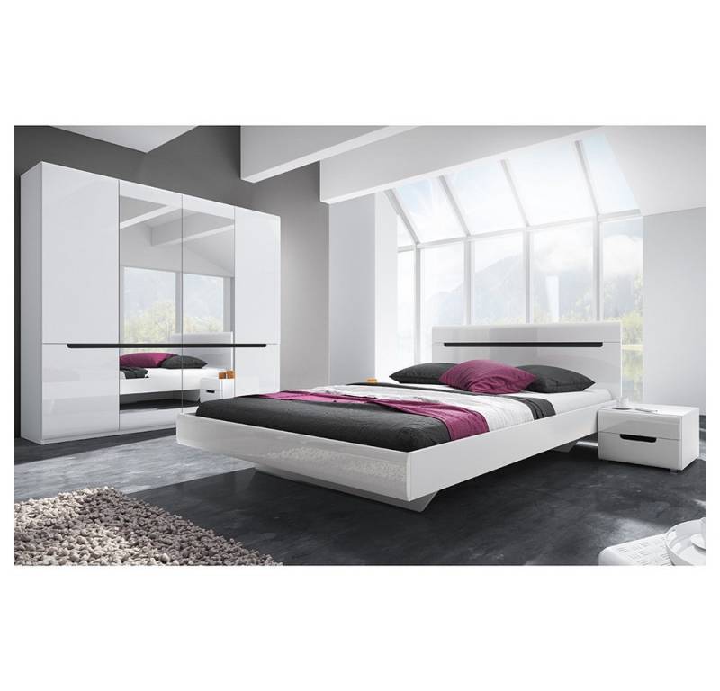 Lomadox Schlafzimmer-Set HERNING-83, (Spar-Set, 4-tlg), mit 160cm Bett in weiß mit weiß Hochglanz und schwarz von Lomadox