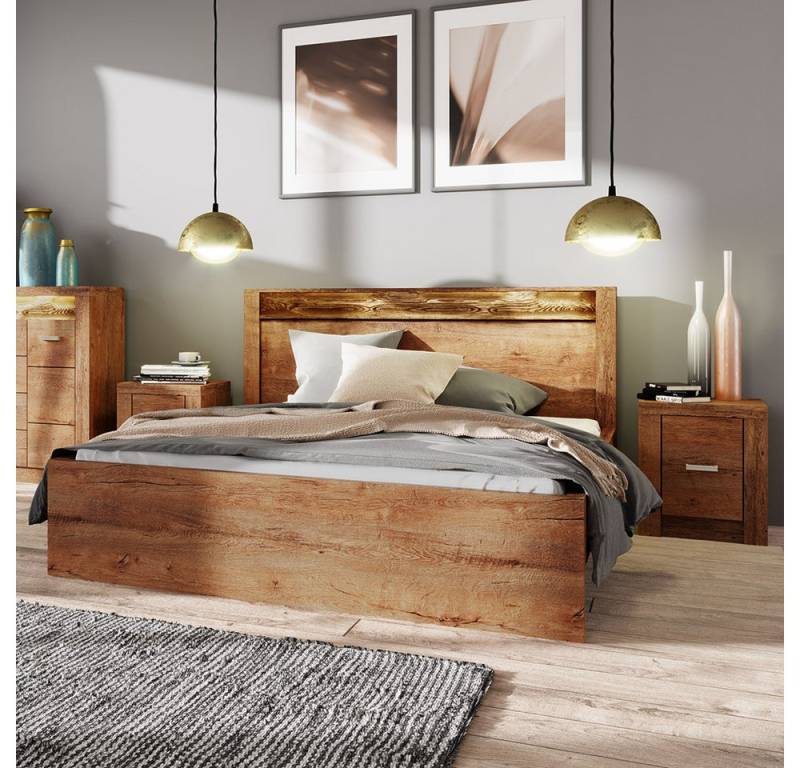 Lomadox Schlafzimmer-Set INGENIO-161, (Spar-Set, 3-tlg., Bett Nachttische), Doppelbett Bettgestell modern Esche braun LED Beleuchtung von Lomadox