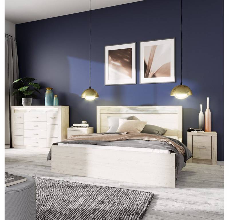 Lomadox Schlafzimmer-Set INGENIO-161, (Spar-Set, 4-tlg., Sideboard Bett Nachttische), Schlafzimmermöbel Schlafmöbelset modern Esche weiß LED Beleuchtung von Lomadox