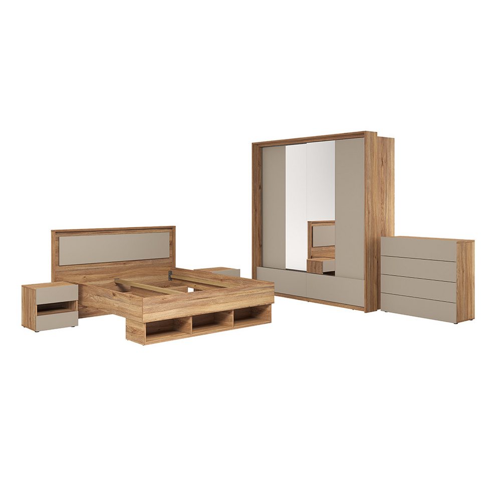 Lomadox Schlafzimmer-Set ISPARTA-83, (Spar-Set, 5-tlg., Nachtkommoden Bettgestell Kleiderschrank Kommode), Eiche Nb. mit beige, grifflos, 160x200 cm Liegefläche von Lomadox