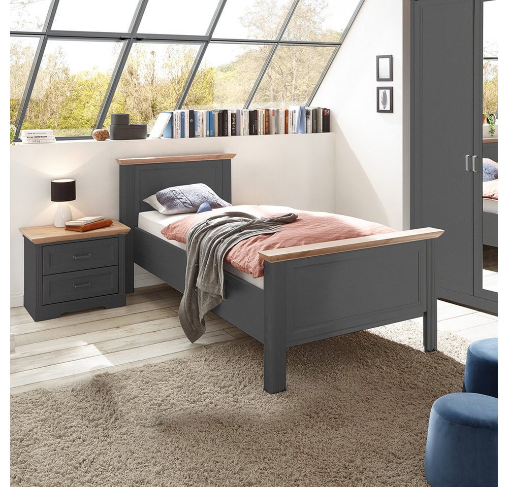 Lomadox Schlafzimmer-Set JÜLICH-77, (Spar-Set, 2-St), Bett 100x200cm mit Nachttisch, Graphit mit Eiche von Lomadox