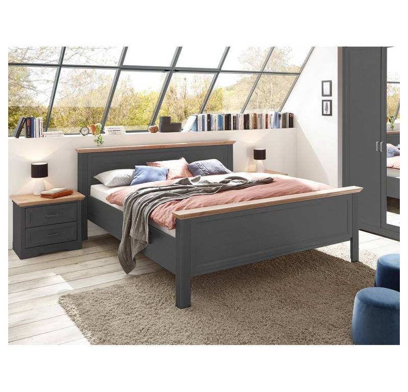 Lomadox Schlafzimmer-Set JÜLICH-77, (Spar-Set, 3-tlg), Bett 180x200cm mit 2 Nachttischen, Graphit mit Eiche von Lomadox
