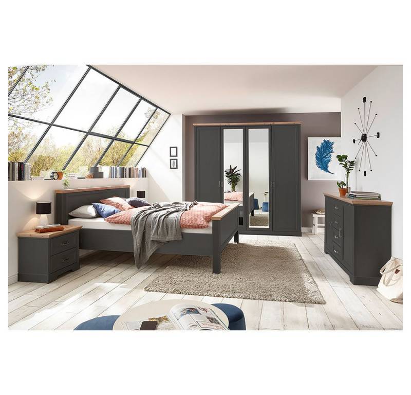 Lomadox Schlafzimmer-Set JÜLICH-77, (Spar-Set, 5-tlg), Bett 160x200cm, Kleiderschrank 4-türig, Graphit mit Eiche von Lomadox