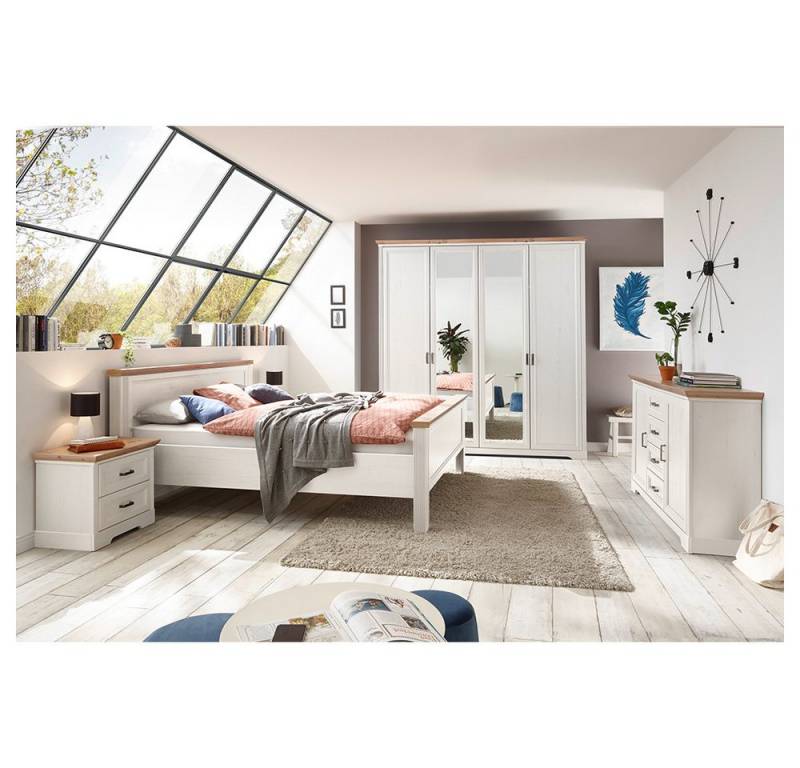 Lomadox Schlafzimmer-Set JÜLICH-77, (Spar-Set, 5-tlg), Bett 160x200cm, Kleiderschrank 4-türig, Pinie weiß mit Eiche von Lomadox