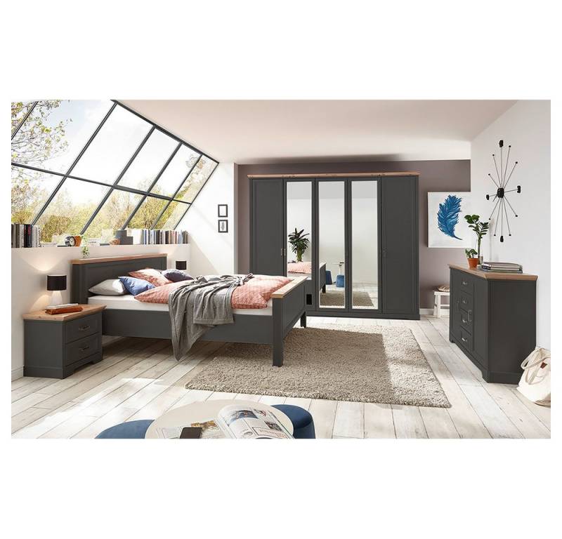 Lomadox Schlafzimmer-Set JÜLICH-77, (Spar-Set, 5-tlg), Bett 180x200cm, Kleiderschrank 5-türig, Graphit mit Eiche von Lomadox