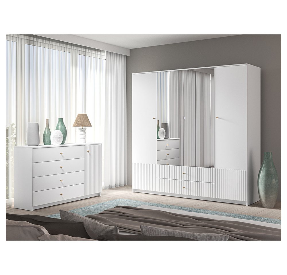 Lomadox Schlafzimmer-Set LINNA-131, (Spar-Set, 2-tlg., Kleiderschrank Kommode), Schlafzimmerschrank 200 cm breit, in weiß, gerillte Frontabsetzung von Lomadox