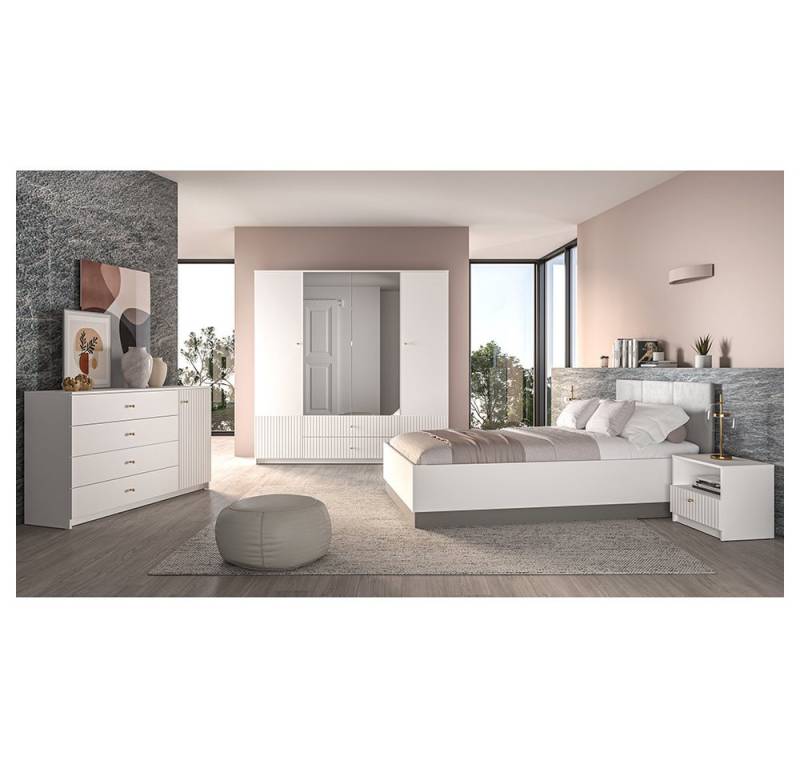 Lomadox Schlafzimmer-Set LINNA-131, (Spar-Set, 5-tlg., Kommode Kleiderschrank Nachttische Bettgestell), mit Bett 120x200 cm, in weiß mit gerillten Frontabsetzungen von Lomadox