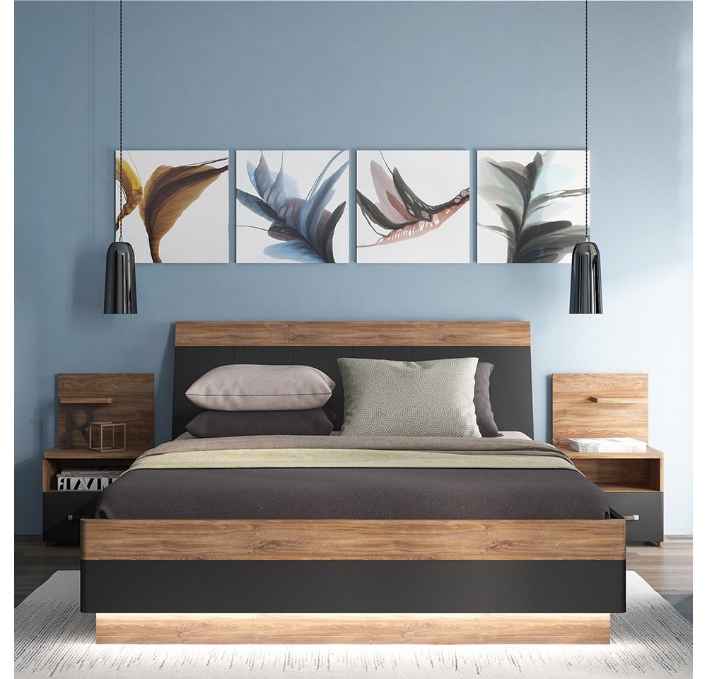 Lomadox Schlafzimmer-Set MANAGUA-129, (Spar-Set, 3-St), mit Bett 140x200cm, Eiche mit schwarz matt von Lomadox
