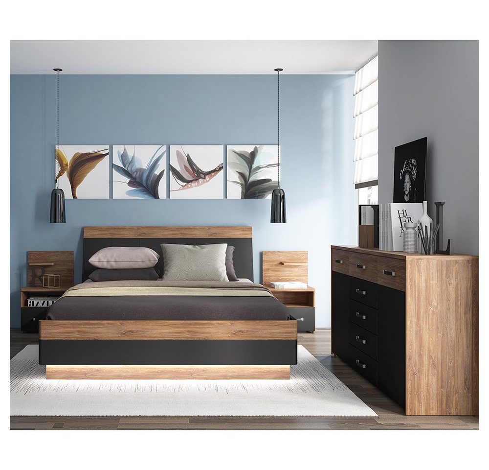 Lomadox Schlafzimmer-Set MANAGUA-129, (Spar-Set, 4-St), mit Bett 160x200cm, Eiche mit schwarz matt von Lomadox